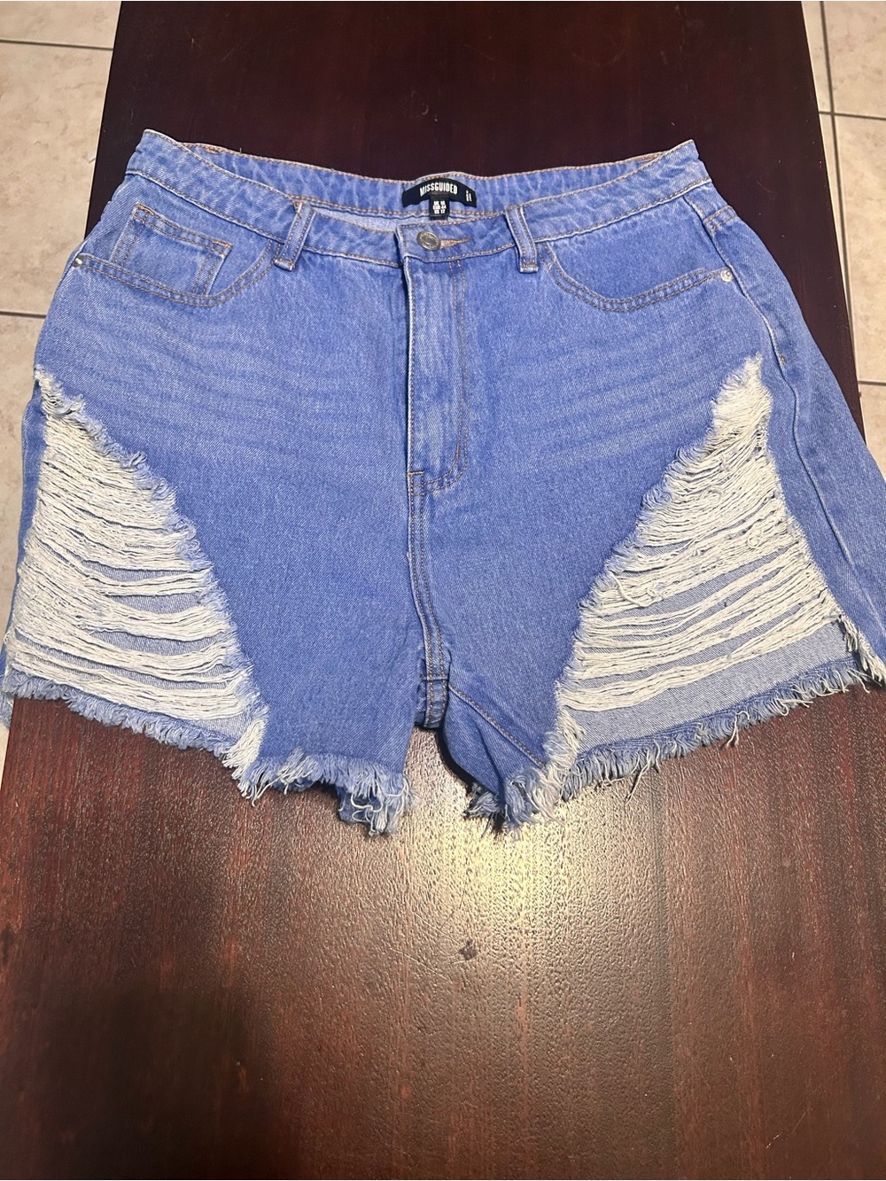 Missguided + Light Blue High-Waist Distressed Denim Shorts